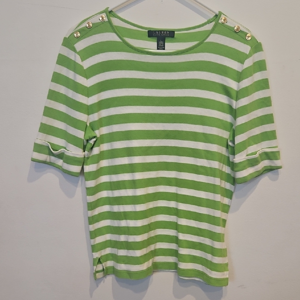 Lauren Ralph Lauren Lime Striped Tee with Gold Buttons